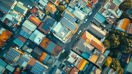 Aerial view of city with solar panels on rooftops of buildings. City skyline. Concept of sustainability and ecology.