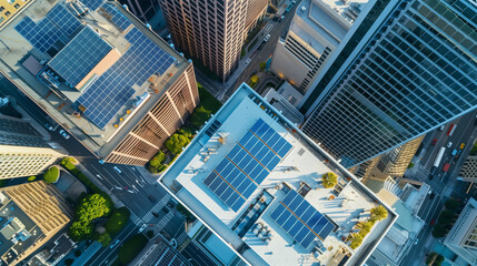 Aerial view of city with solar panels on rooftops of buildings. City skyline. Concept of sustainability and ecology.