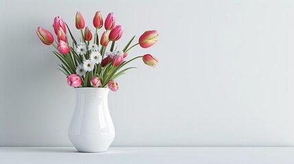 a minimalist display of tulips and daisies, arranged in a sleek white vase, showcasing the beauty of simplicity in floral design.
