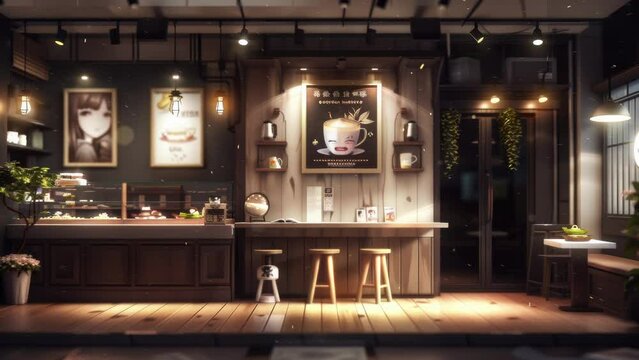 autumn night cafe wood interio twitch zoom vtuber asset obs screen anime chill hip stream overlay loop background interior of a coffee shop woodsy aesthetic during fall orange tones. anime.