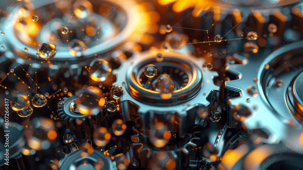 Poster the image is a close up of gears with water droplets surrounding them