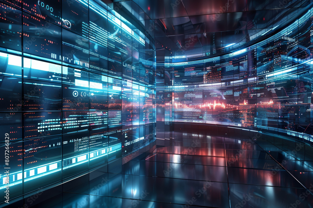Aufkleber a futuristic cityscape with a large screen displaying a computerized city