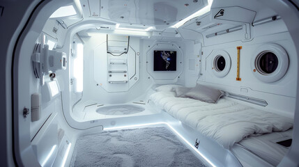 Room with bed in spaceship, white interior design of starship, inside futuristic spacecraft. Theme of space, future, bedroom, travel, scifi, home