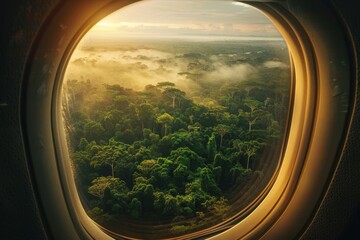 Fototapeta premium Beautiful view from the window of a helicopter on the foggy forest