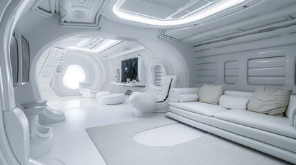 Living room in spaceship, white interior design of starship, inside futuristic spacecraft. Theme of space, technology, future, travel, sci-fi,