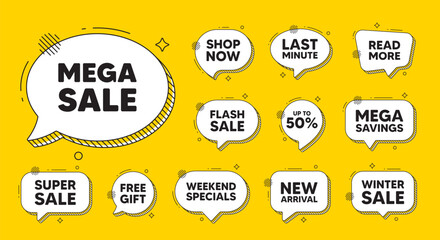 Obraz premium Offer speech bubble icons. Mega Sale tag. Special offer price sign. Advertising Discounts symbol. Mega sale chat offer. Speech bubble discount banner. Text box balloon. Vector