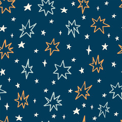 Obraz premium Seamless abstract geometric pattern with ink doodle stars. Christmas gift wrapping paper texture. Hand drawn vector background.