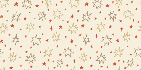 Seamless abstract geometric pattern with ink doodle stars. Christmas gift wrapping paper texture. Hand drawn vector background.