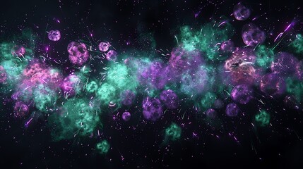 A sequence of green and purple fireworks, artistically scattered across the night sky, creating a mesmerizing spectacle