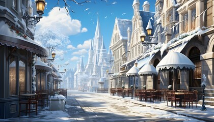 Winter street in Moscow, Russia. Panoramic view of the city.