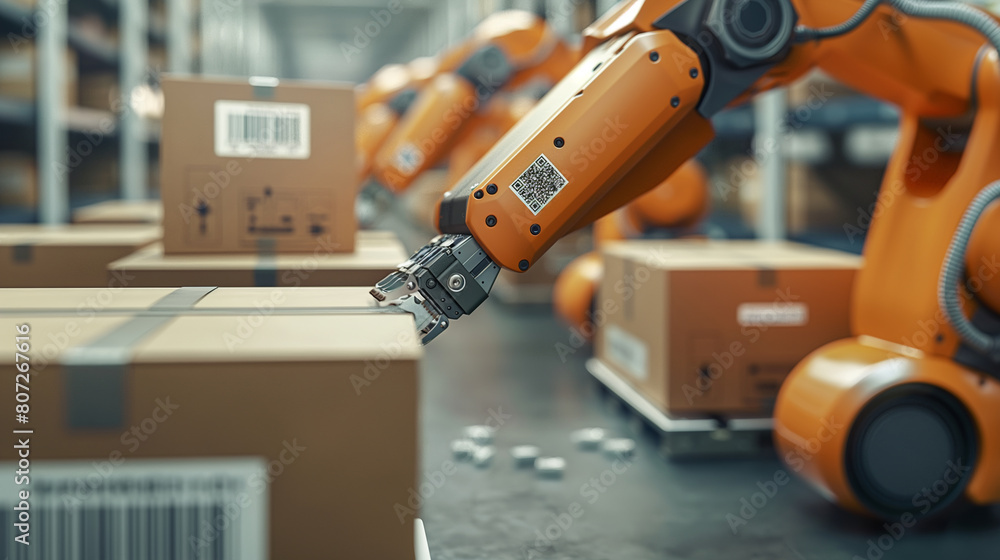 Poster against the backdrop of a modern distribution center, robotic arms delicately handle cardboard boxes
