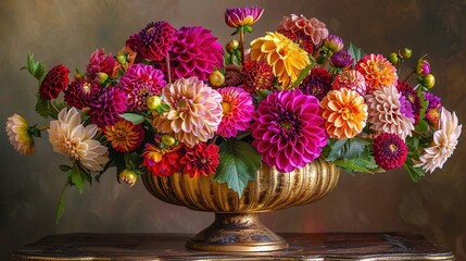 a sophisticated display of dahlias and marigolds, arranged in an ornate gold-rimmed bowl, radiating opulence and beauty.
