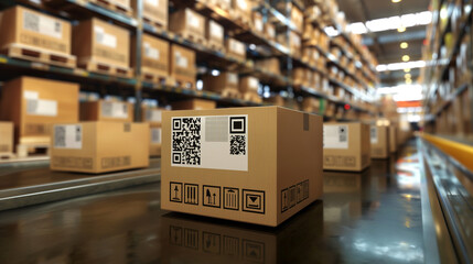 Amidst the organized chaos of a busy shipping hub, cardboard boxes featuring QR code tags are sorted with precision and efficiency, demonstrating the seamless integration of smart - obrazy, fototapety, plakaty