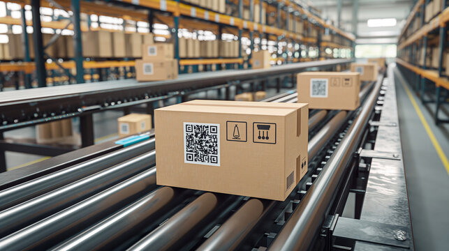 Within the high-tech confines of a distribution center, conveyor belts transport cardboard boxes labeled with QR codes to automated sorting stations, highlighting the efficiency an