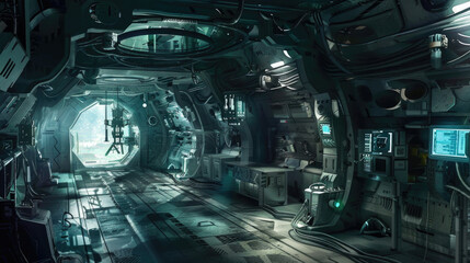 Futuristic room in spaceship, abstract garage background, corridor with equipment in spacecraft. Theme of dark modern industrial interior, future, space,