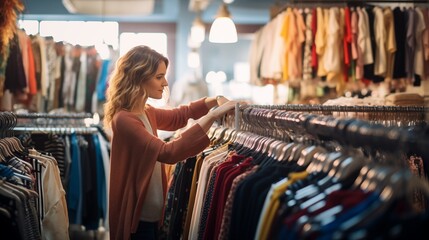 Fototapeta premium Woman selects clothes while shopping at a clothing store, browsing through various options to find the perfect attire.