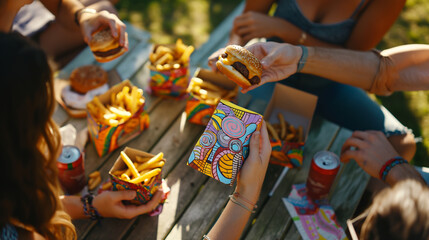 Against the backdrop of a picnic table set with burgers and fries, a group of friends unwraps their meals to reveal burger wrappers adorned with bold graphics and playful motifs, a