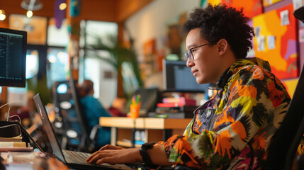 Amidst the vibrant energy of a community center, a person with diverse abilities engages with email communication using assistive technology, showcasing the transformative power of