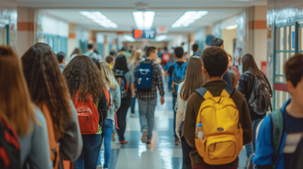 Within the bustling corridors of a high school, students weave through the throngs of their peers, exchanging greetings and laughter as they make their way to their first class of
