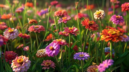 A sun-drenched meadow of vibrant zinnias, their bold and varied hues forming a lively and cheerful composition.