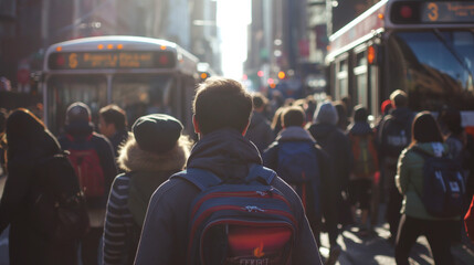 Against the backdrop of a bustling city street, students pour out of buses and subway stations, their backpacks emblazoned with the insignia of their school as they join the throng