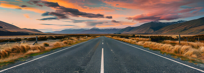sunset at an empty long highway road