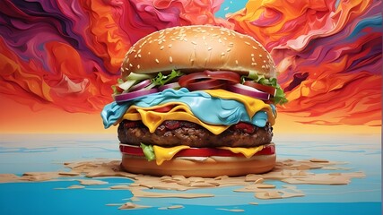 An innovative wallpaper design merges a surreal concept with vibrant, melting aesthetics, showcasing a creative burger theme. With ample blank space for text, it offers an ideal backdrop for customiza - obrazy, fototapety, plakaty