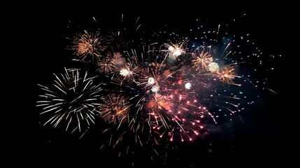 Stunning 4K resolution image of a vibrant firework display, with sharp, realistic bursts of color in a jetblack sky