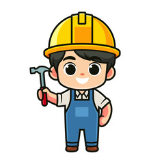 cute cartoon construction worker holding hammer