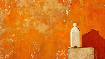 Orange Textured Background with a Solitary Transparent Bottle on a Pedestal