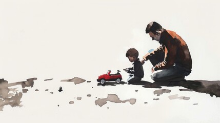 Minimalistic drawing of a father and son playing with a remote-control car