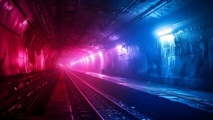 Dimly lit subway tunnel with broken lights ghostly passengers and platform. Concept Subway Tunnel, Broken Lights, Ghostly Figures, Eerie Atmosphere, Dark Platform