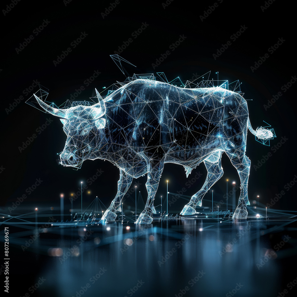 Poster a digital image of a bull with a blue and white background