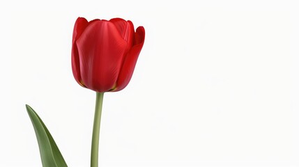 Elegant red tulip with vibrant petals and green stem, isolated on a pure white background.