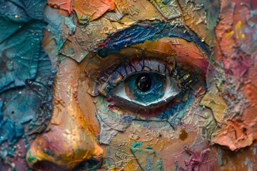 A woman's face is painted with bright colors and has a blue eye