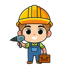 cartoon construction worker holding drill