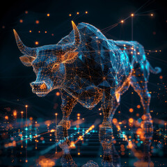 A bull is depicted in a futuristic, abstract style with red and blue colors
