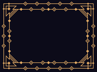 Art deco frame. Vintage linear border. Design a template for invitations, leaflets and greeting cards. Geometric golden frame. The style of the 1920s - 1930s. Vector illustration