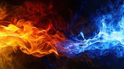 Fototapeta premium Dramatic abstract image depicting the dynamic interaction between fiery orange and icy blue smoke, symbolizing contrast and duality.
