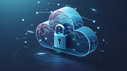 Abstract illustration of cloud security services, stylized cloud icon integrated with a secure padlock symbol, representing data protection  cybersecurity in cloud computing environments