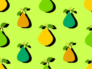 Seamless pattern of pears in flat style with shadow. Ripe pears with two leaves. Fruit background with pears for wallpaper, wrapping paper, banners and posters. Vector illustration