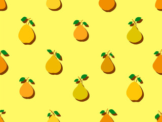Seamless pattern of pears in flat style with shadow. Ripe pears with two leaves. Fruit background with pears for wallpaper, wrapping paper, banners and posters. Vector illustration