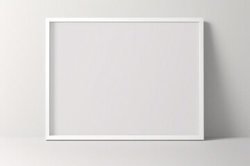 Fototapeta premium Weißes Rahmenmodell im Innenraum auf weißem Wandhintergrund. Vorlagenrahmen für Text. Poster-Attrappe. Rechteckiges Wandbild oder Fotorahmen-Attrappe