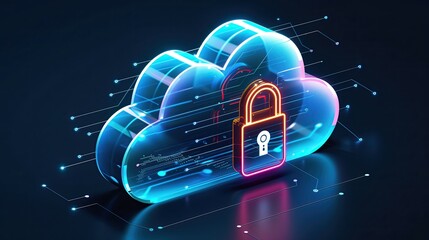 Abstract illustration of cloud security services, stylized cloud icon integrated with a secure padlock symbol, representing data protection  cybersecurity in cloud computing environments