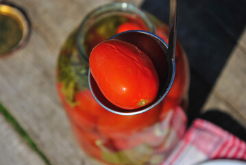 pickled tomato close-up. blurred background. home canning