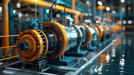 Fototapeta premium Industrial machinery in a factory setting with various mechanical components.