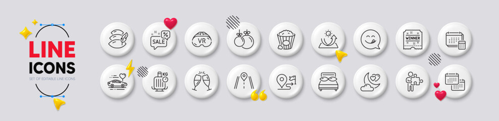 Journey, Honeymoon travel and Yummy smile line icons. White buttons 3d icons. Pack of Discounts bubble, Christmas ball, Love night icon. Baggage scales, Champagne glasses, Calendar pictogram. Vector