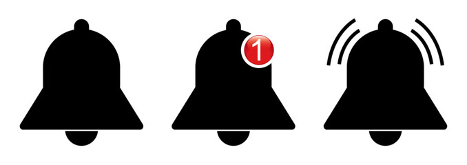 Notification bell vector icon isolated on white or transparent background. Set of black bell symbols representing new notifications and ringing, perfect for social media reminder concept.