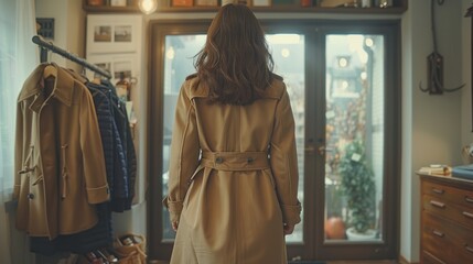 A woman in a beige trench coat is trying on shoes at home while holding an open door