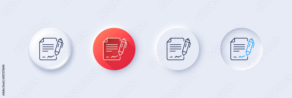 Poster signing document line icon. neumorphic, red gradient, 3d pin buttons. contract signature sign. agree